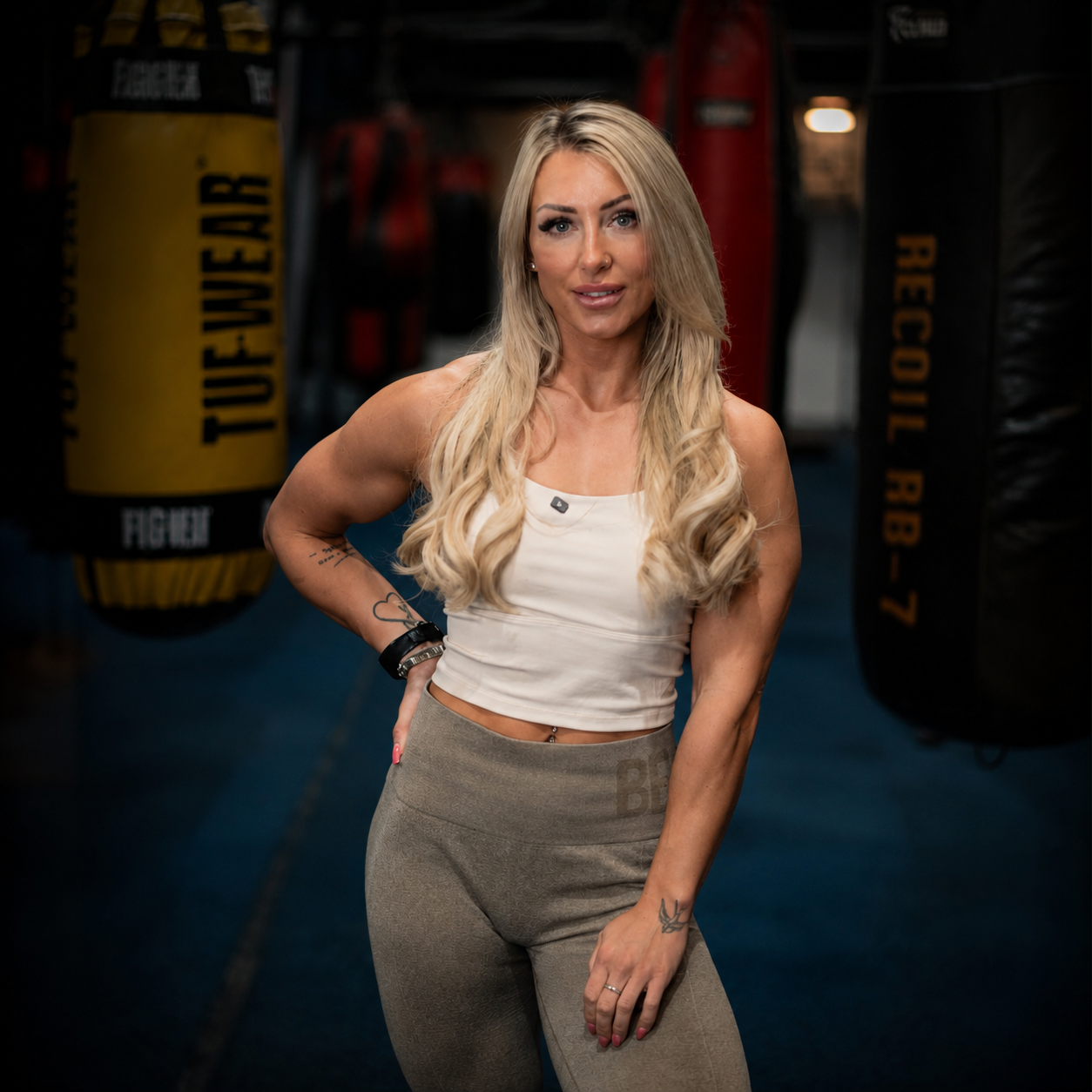 Antonia Divers, Scottish IFBB Pro bodybuilder and personal trainer, during a training session in the gym.