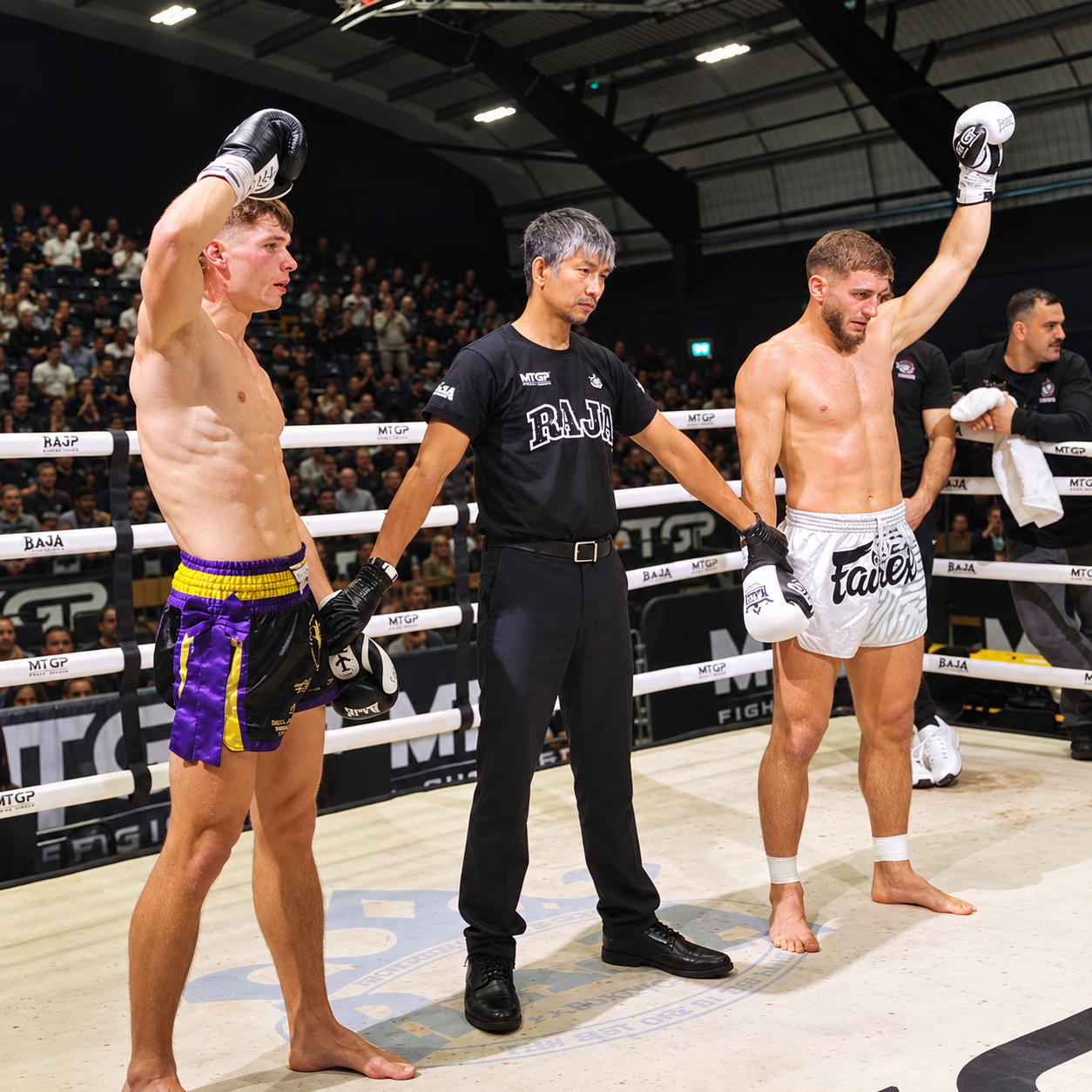 Andi Noka and Nick Cartledge await the decision after their Muay Thai Grand Prix fight in Sheffield.