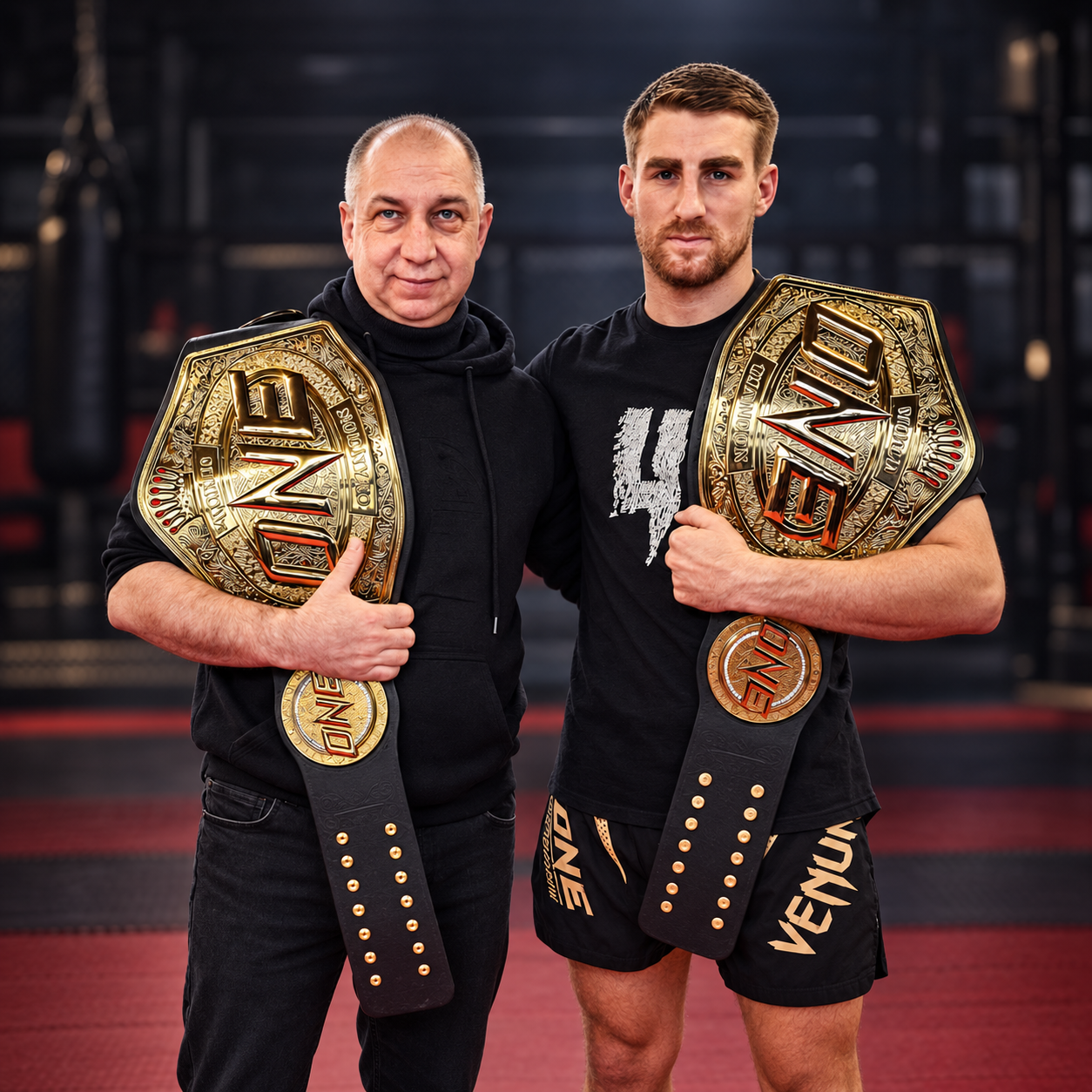 Mirek Marcinski standing beside Muay Thai world champion Jonathan Haggerty in a dark, studio-style setting.